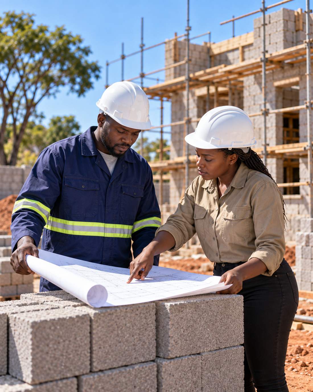 Two AfroPacific team members reviewing building plans against a stack of blocks on site