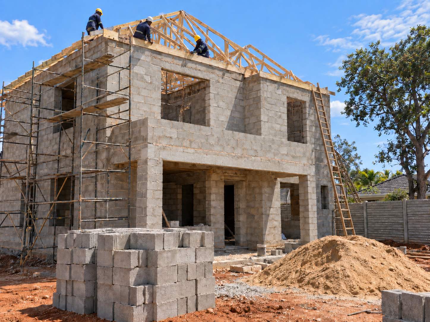 A two-storey house at roof-truss stage with a crew working on the wall plate