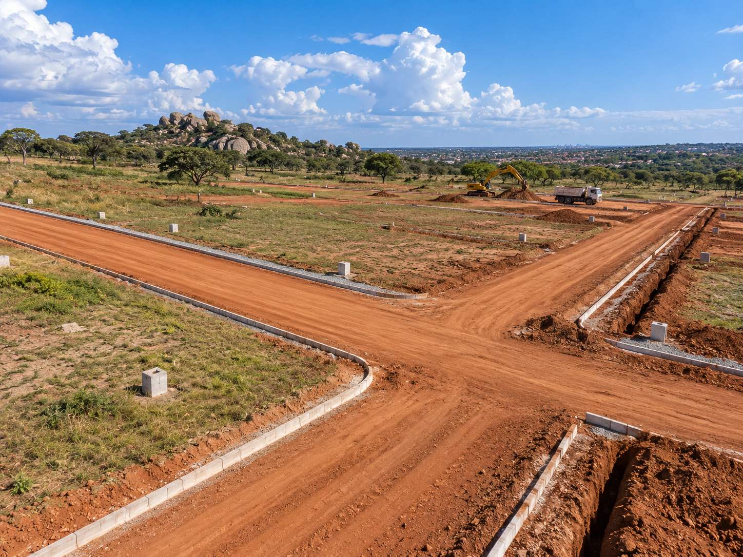 Graded roads and set-out stands on an early-stage land development on the highveld