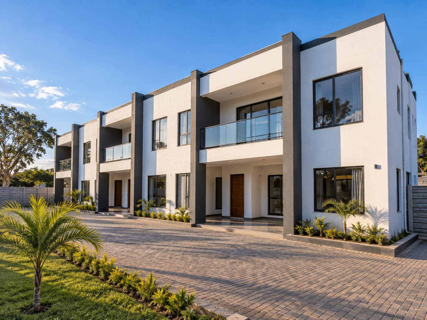 A completed terrace of white and charcoal townhouses behind a brick-paved forecourt