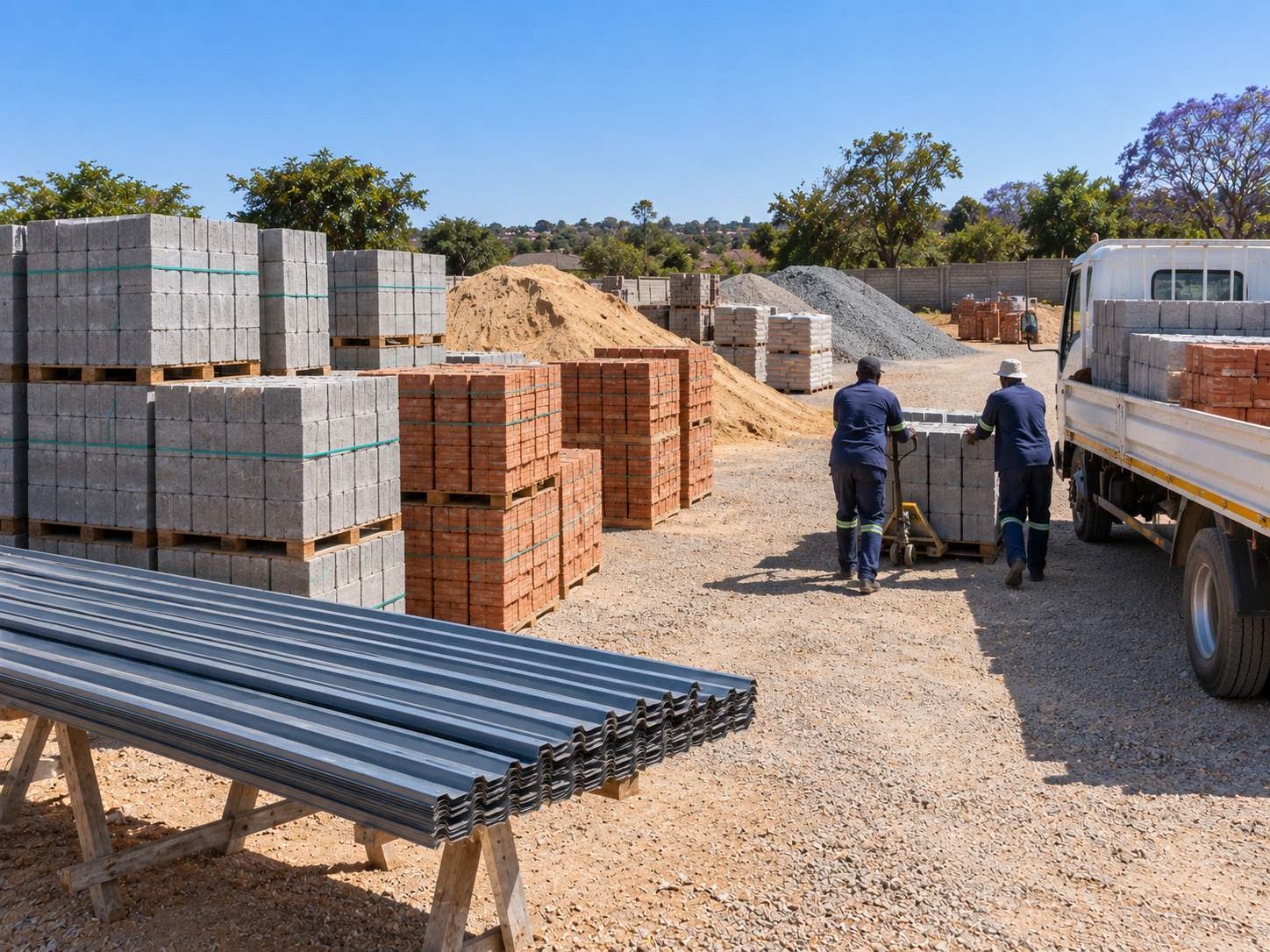 Pallets of blocks and bricks, graded sand and roof sheeting in the yard at Ruwa