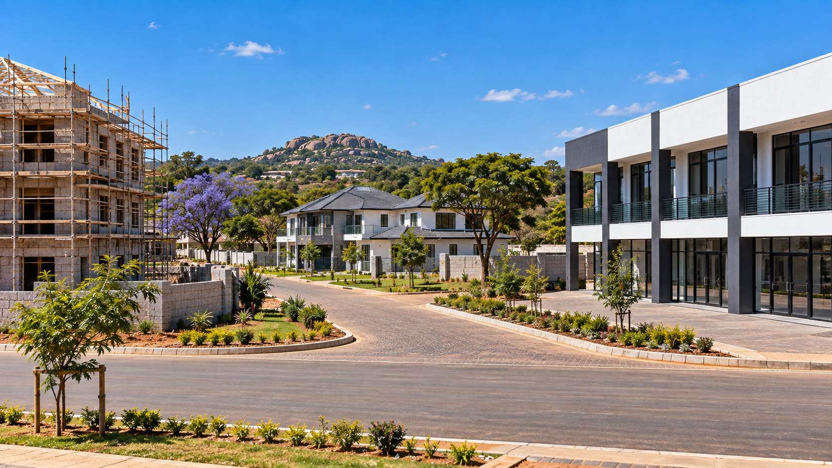 A completed commercial terrace, finished houses and a building under construction in one view on the edge of Harare