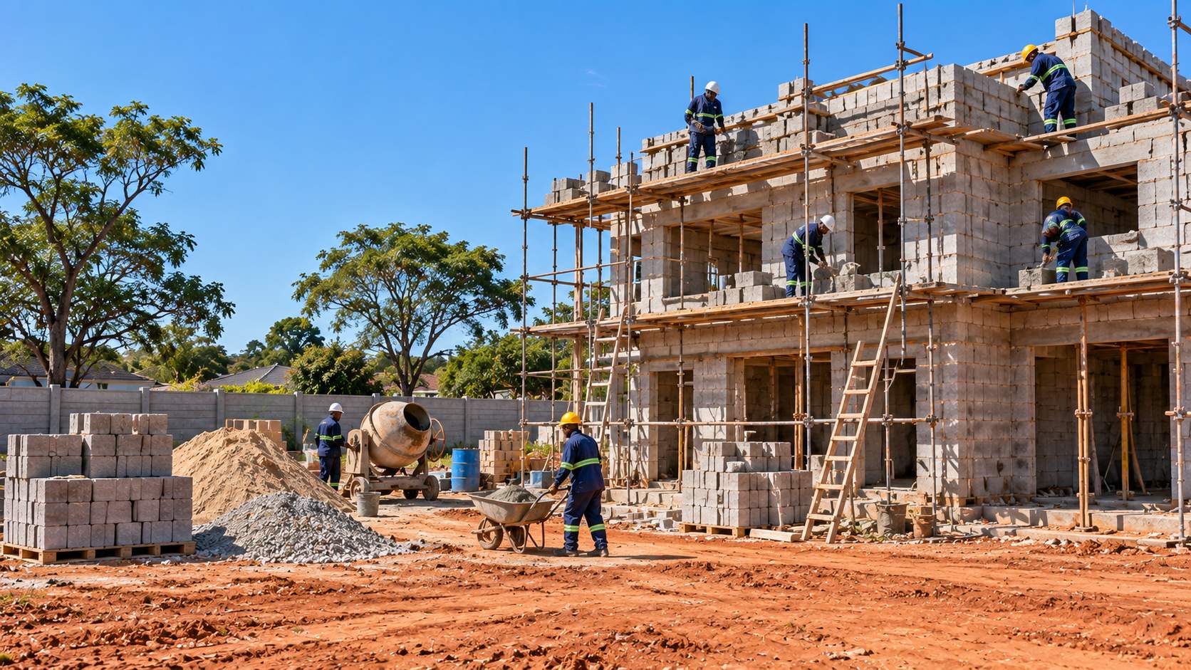 An active residential site in Harare, a crew working across two levels of scaffolding
