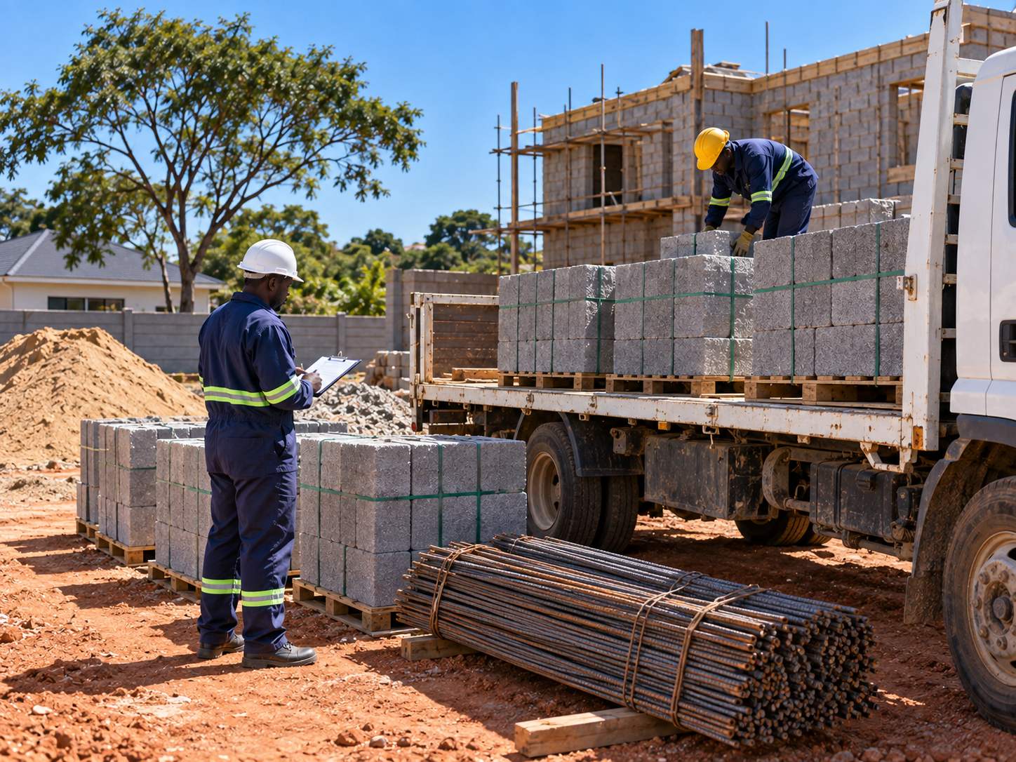 A site foreman checking a delivery of blocks and reinforcing steel off a flatbed truck