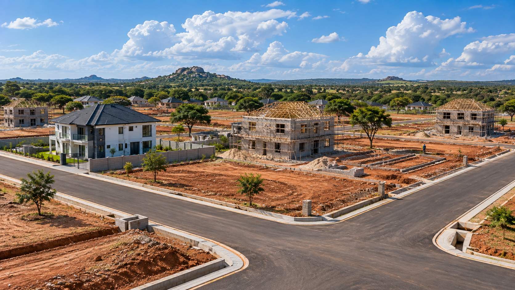 A serviced residential development outside Harare, roads and kerbs laid and the first houses going up