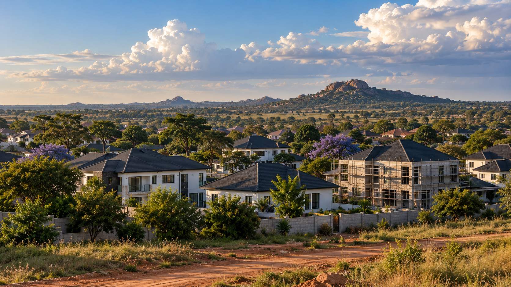 New houses among msasa trees in the northern suburbs of Harare, with open highveld beyond