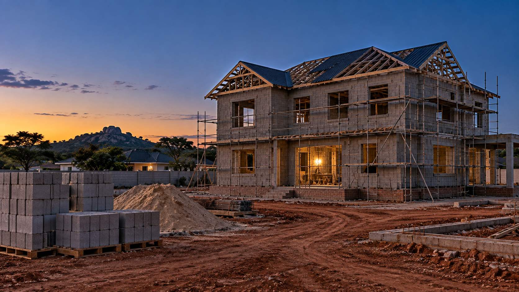 A two-storey house at roof-structure stage on a Harare site at dusk, scaffolding down one elevation