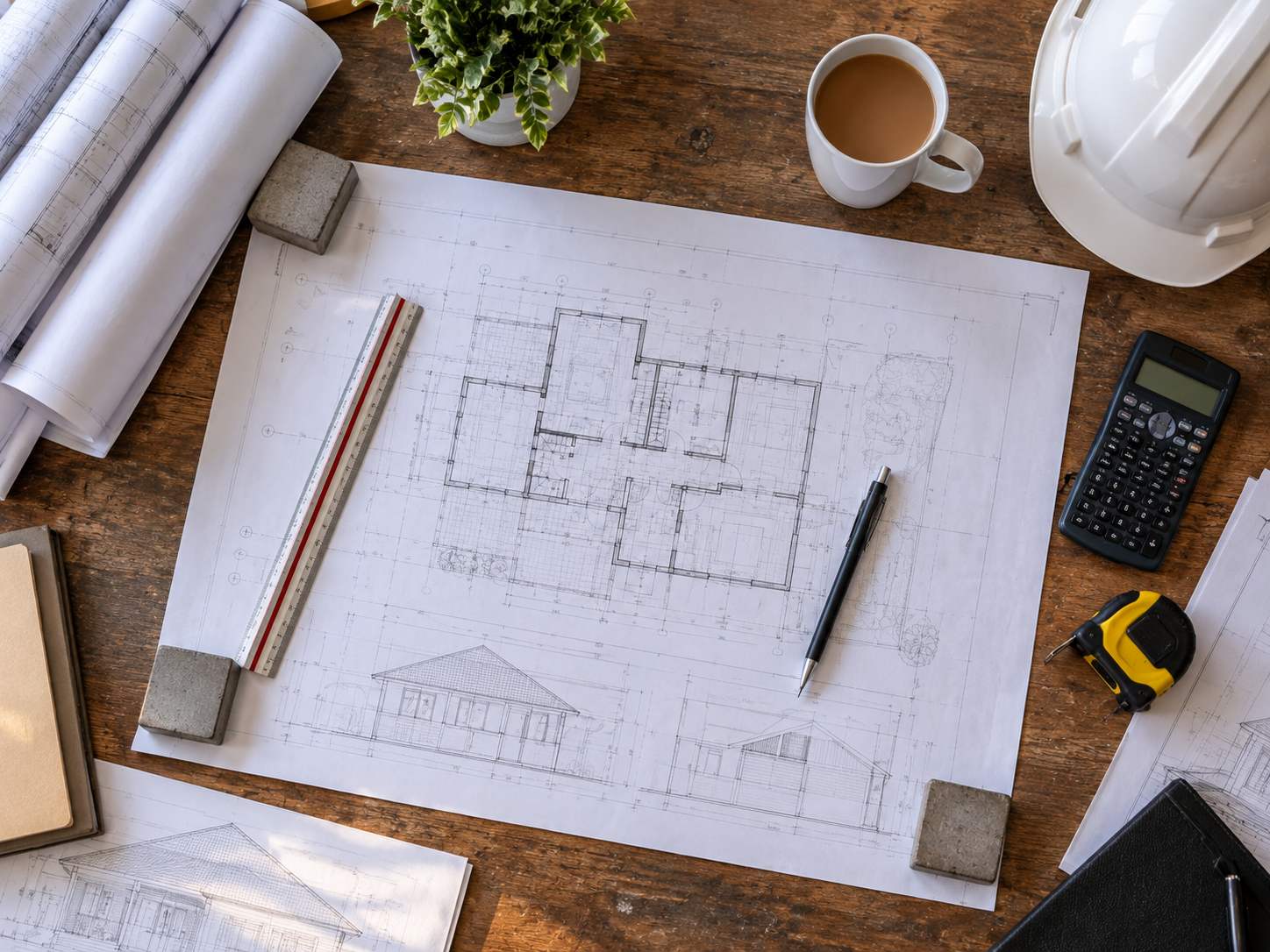 Drawings, a scale rule and a calculator on a site office desk, seen from above