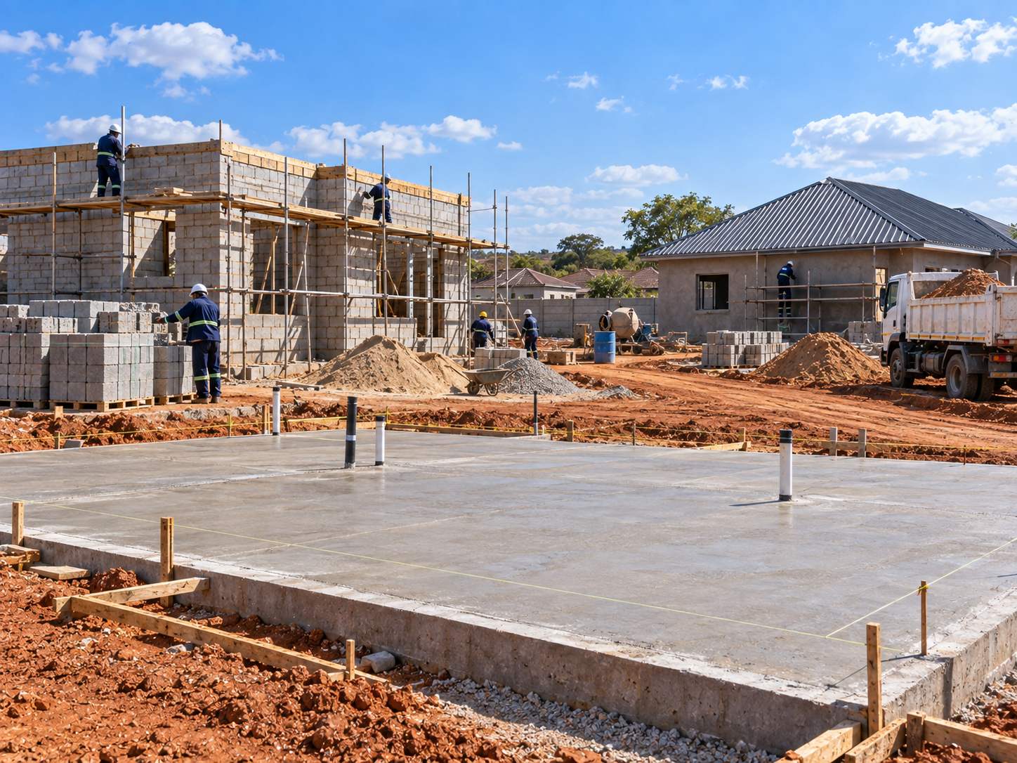 A site with three houses at slab, wall-plate and plastering stage in one view