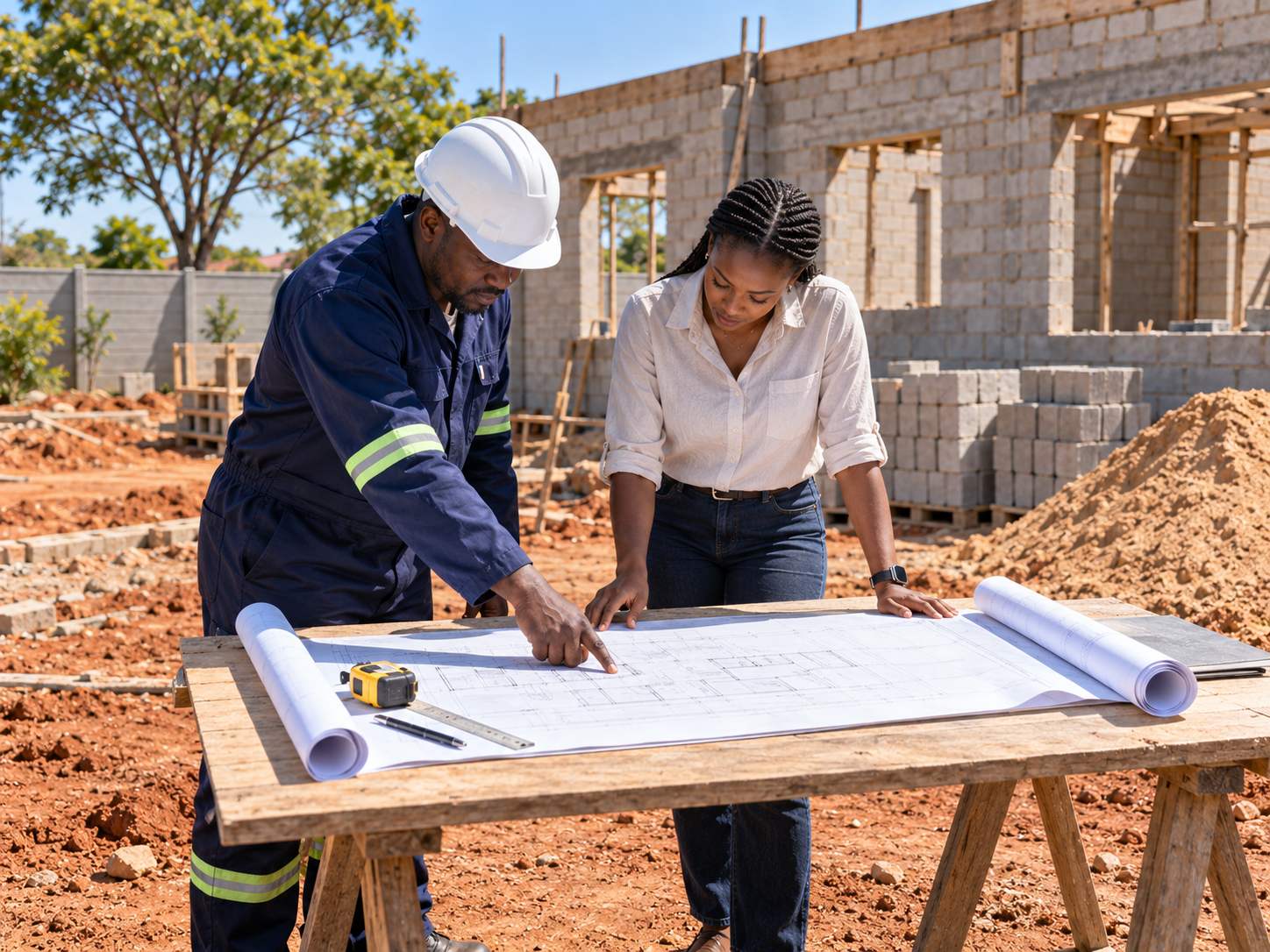 A site manager and a client working through a drawing on a trestle table on site