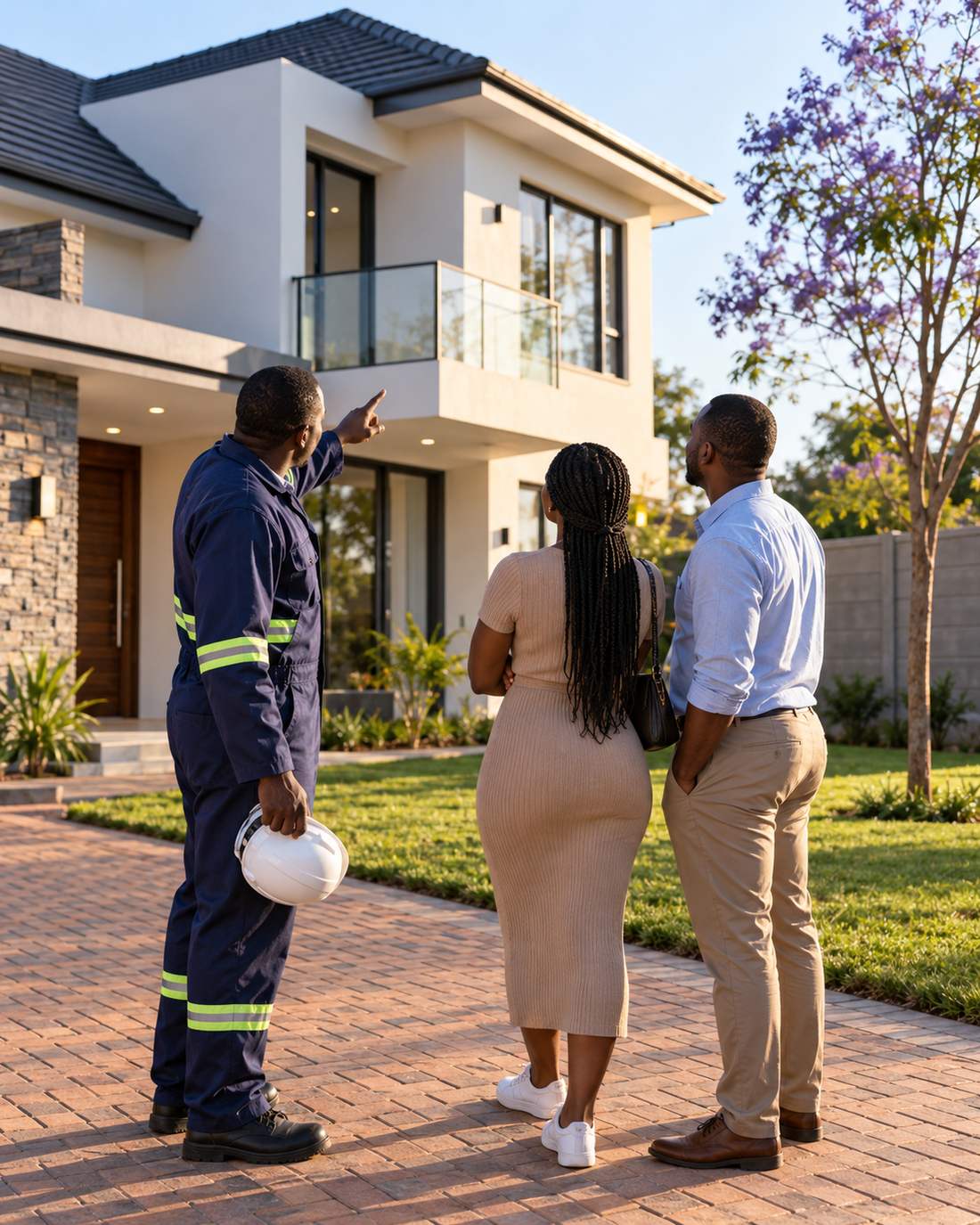 A site manager and a couple standing on the driveway of a newly completed house, looking up at it