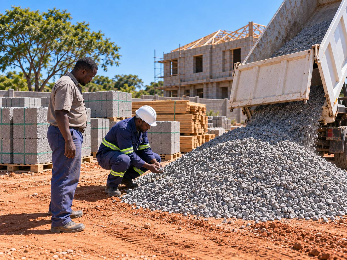 A delivered load of crushed stone, blocks and timber being checked at the edge of a building site