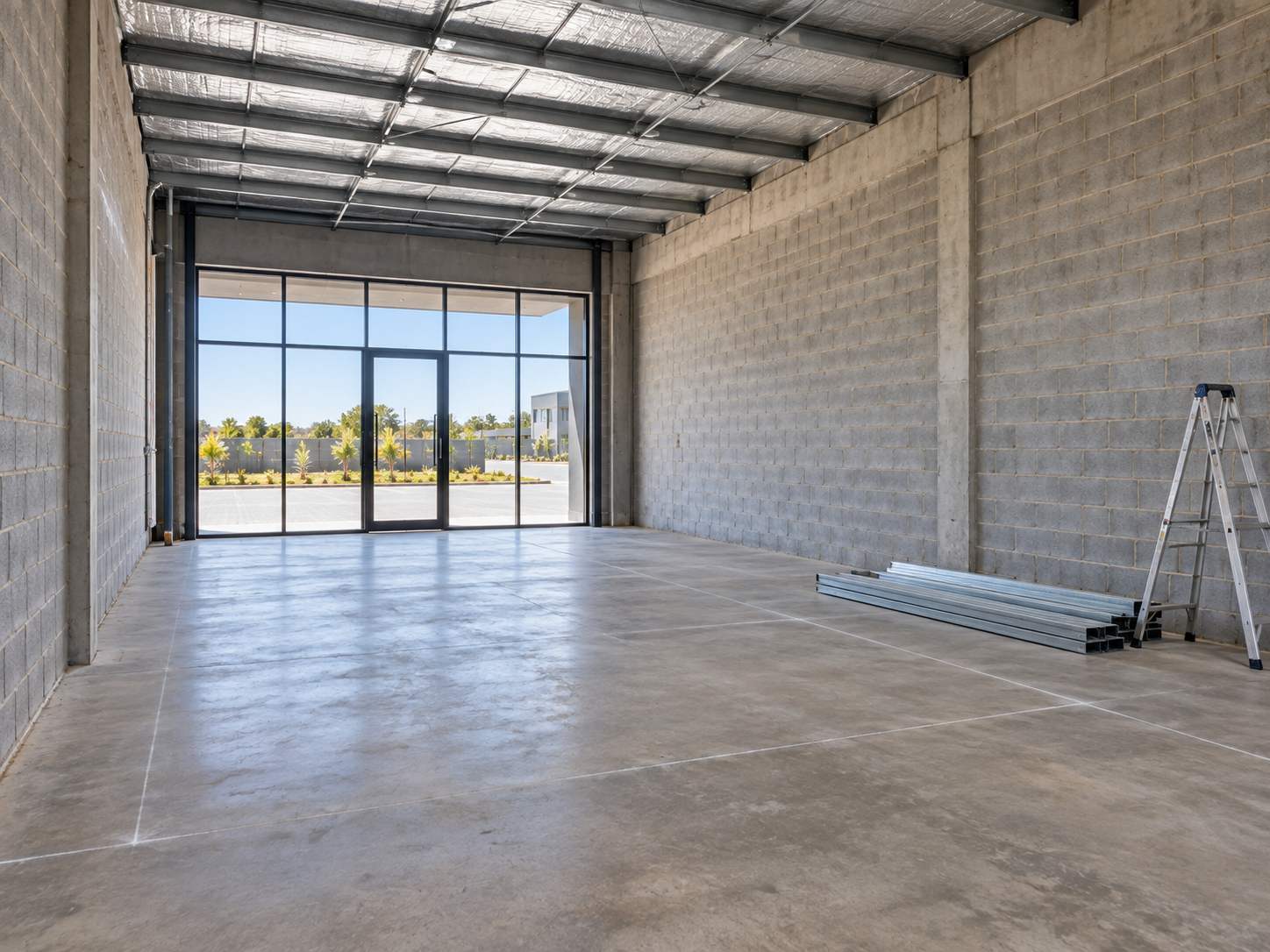 A bare commercial shell with a raw slab and setting-out lines chalked on the floor