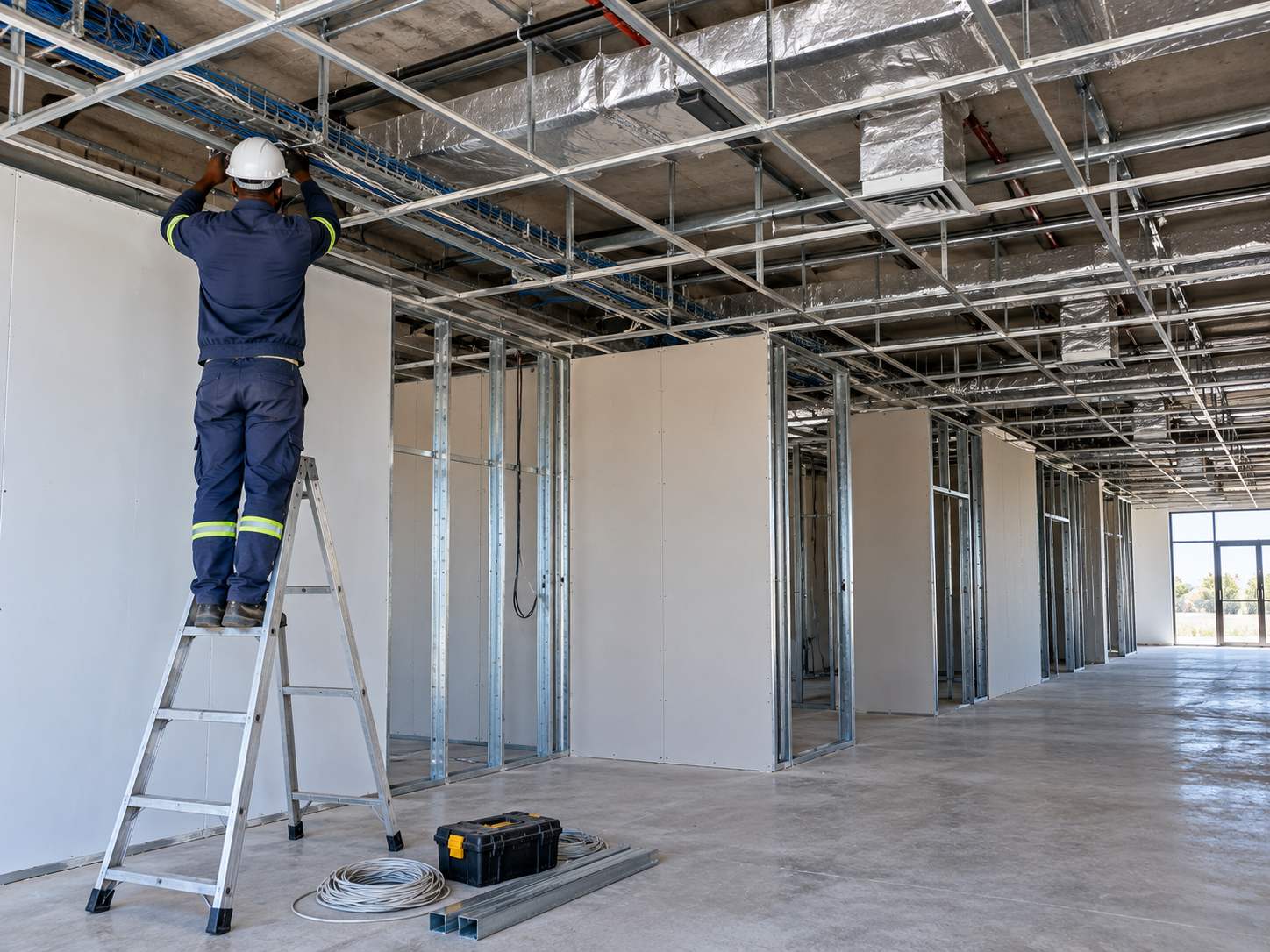 Ceiling grid half installed with electrical conduit and cable trays running above it