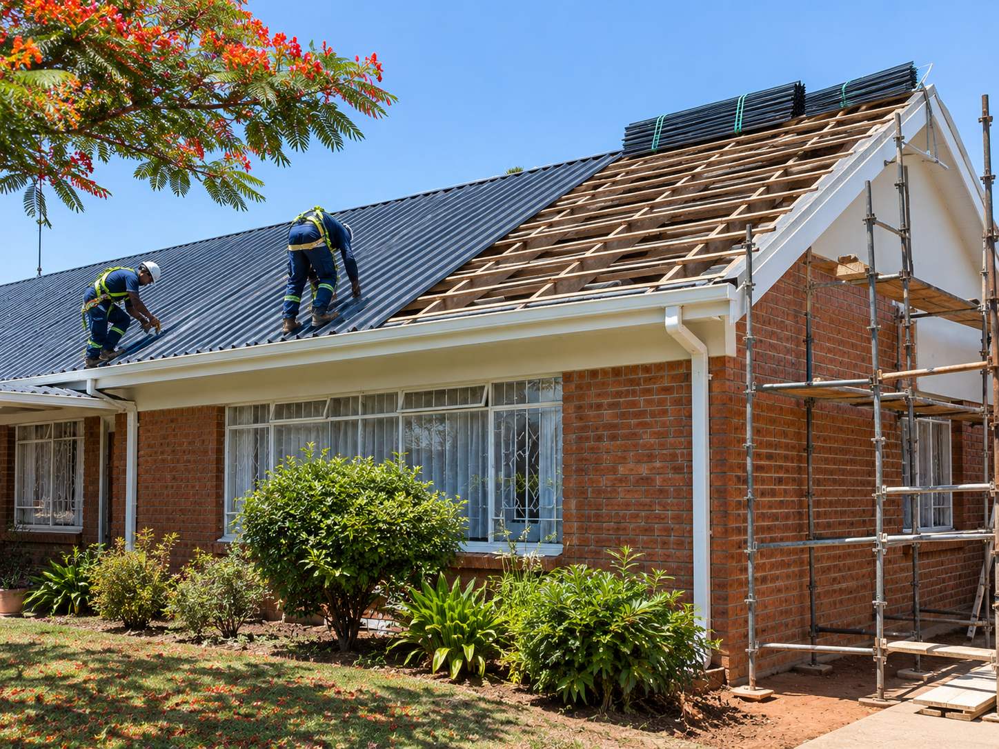 Roofers laying new charcoal sheeting on a house half stripped back to its purlins
