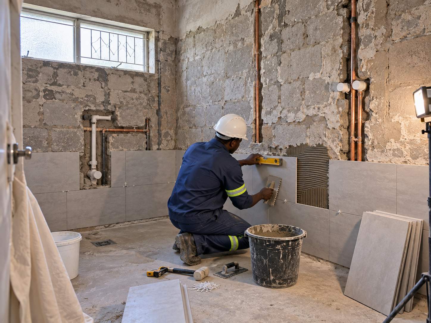 A bathroom mid-renovation, new plumbing chased in and the first course of tiles being set