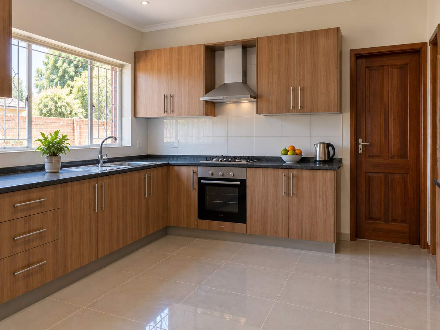 The replacement kitchen in the renovated house, timber fronts and a dark stone worktop