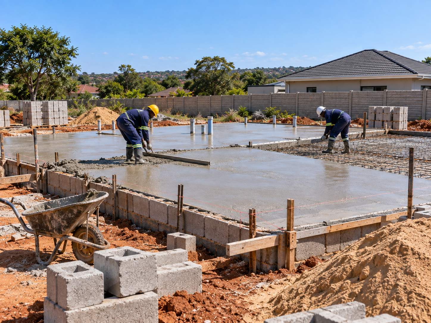 Builders screeding the ground-floor slab of a house, reinforcing mesh visible in the last bay