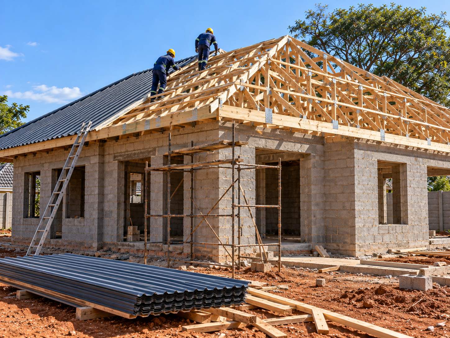 Timber roof trusses being braced and battened on a house at wall-plate height