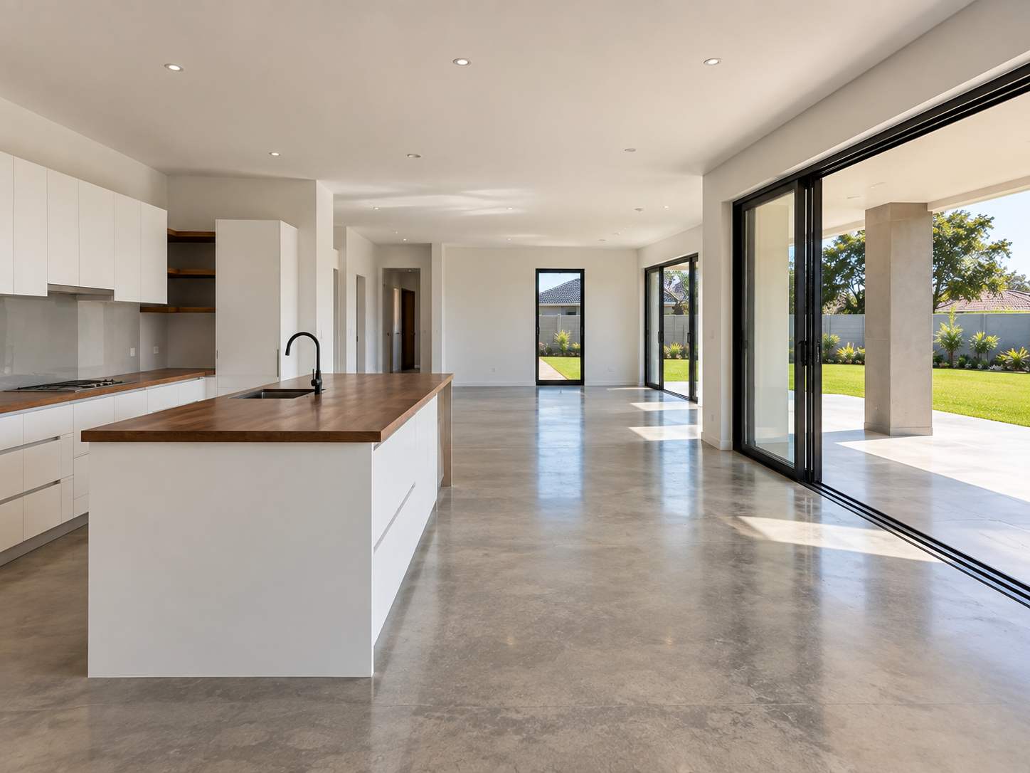 The finished open-plan kitchen and living core of a new house on handover day