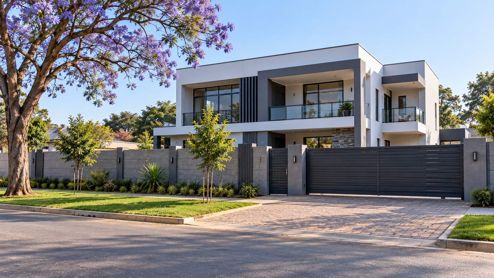 A completed two-storey house in Harare with white plaster, charcoal banding and recessed balconies