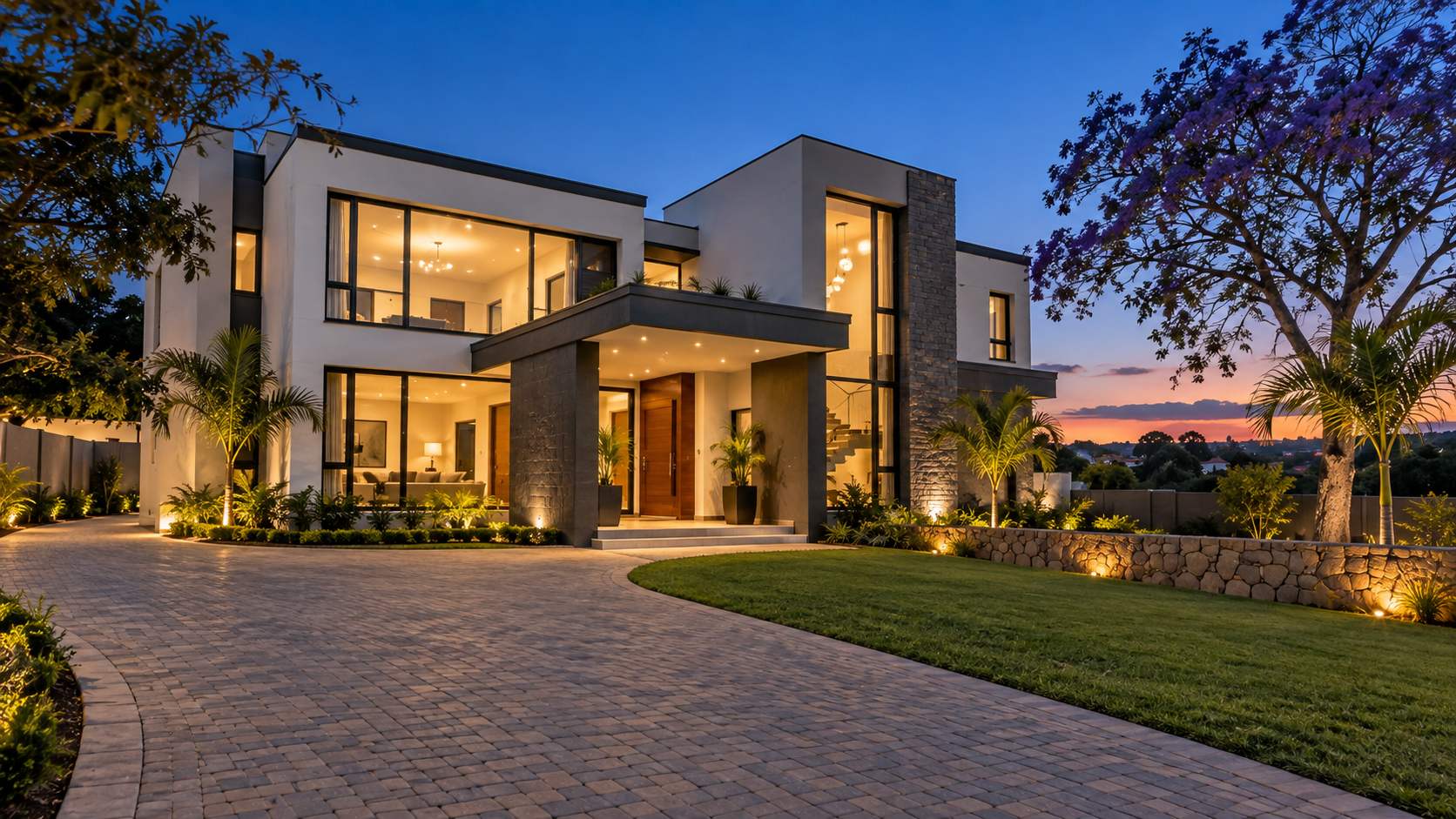 A completed modern house in Borrowdale at dusk, warm interior light behind dark-framed glazing
