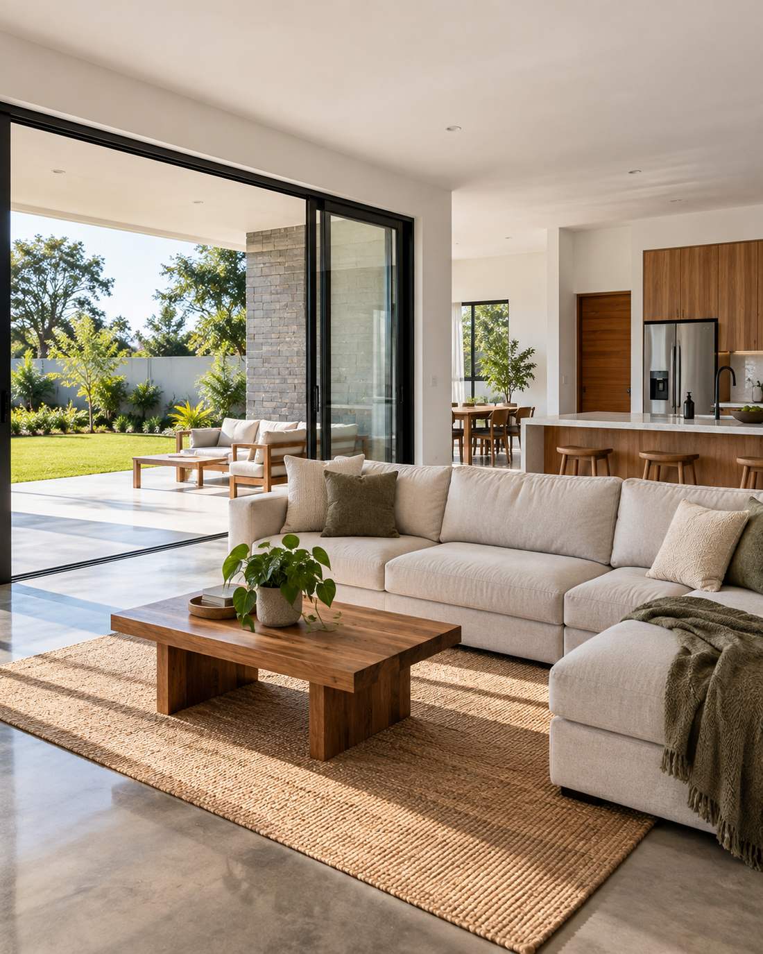 An open-plan living space opening onto a covered veranda through full-height sliding doors