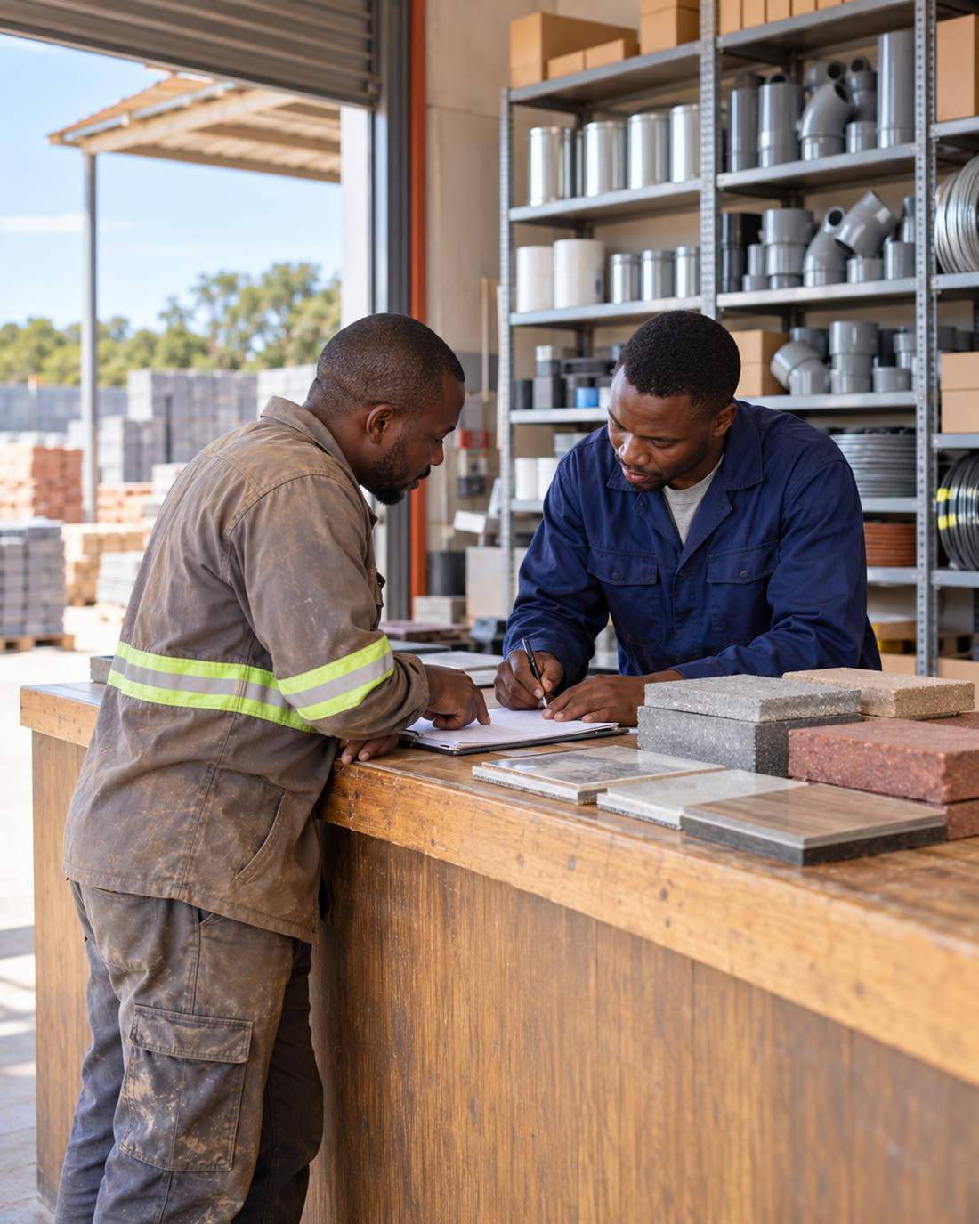 A yard salesman and a customer working through quantities over samples at the counter