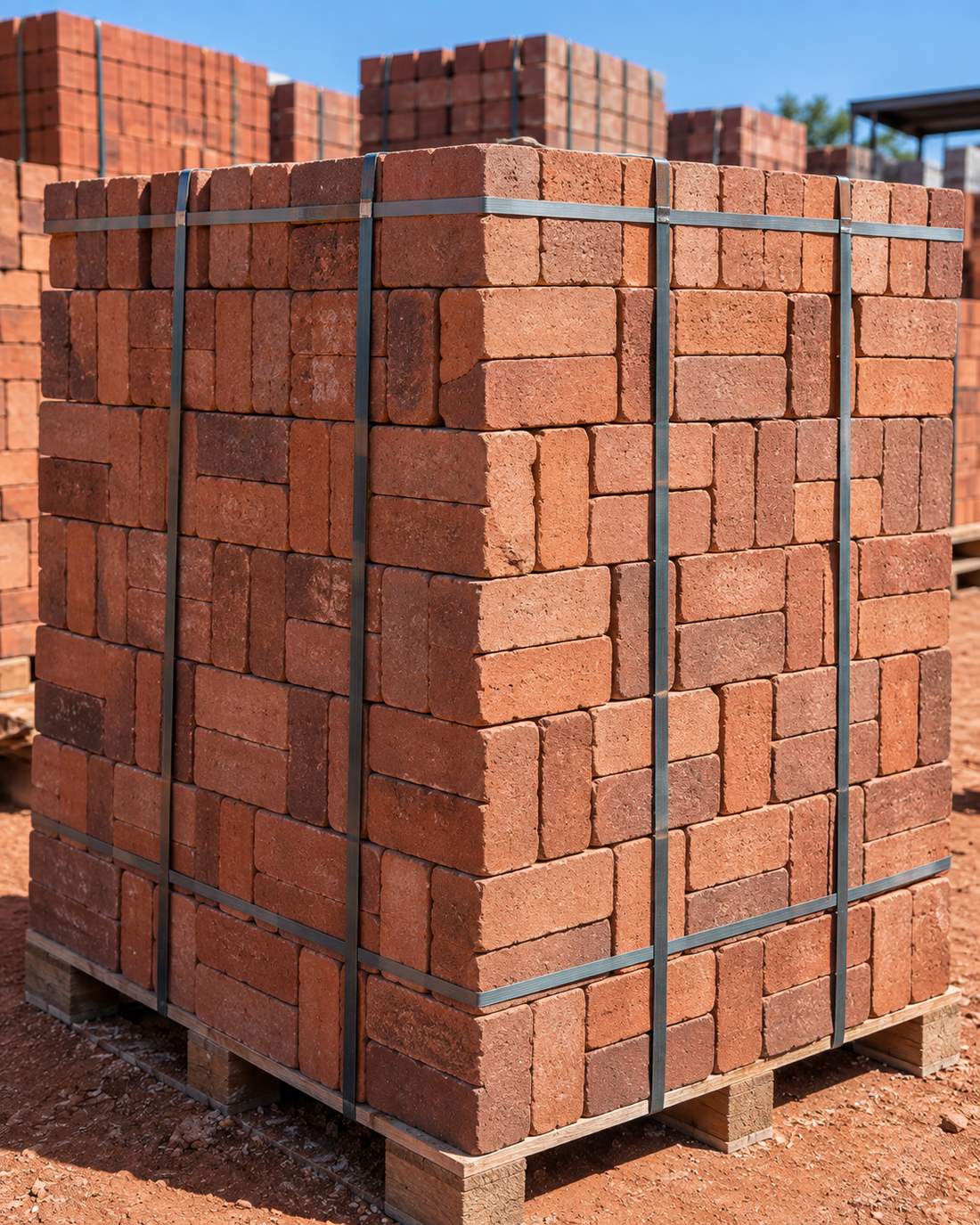 A banded cube of red clay face bricks in the yard at Ruwa
