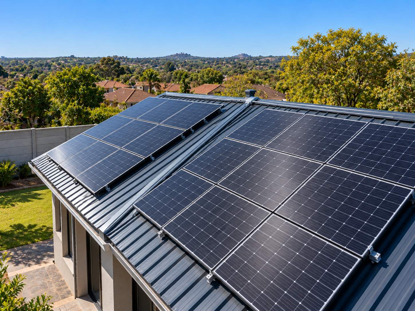 Solar panels rail-mounted across the pitched roof of a house in Harare