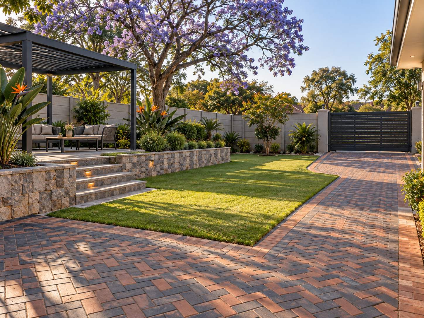A paved driveway and patio, low granite retaining wall and steel pergola in a finished garden