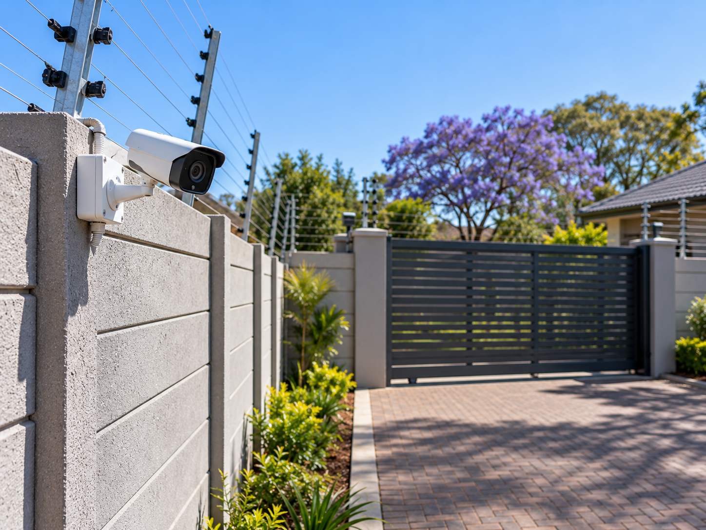 An electric fence along a durawall with a CCTV camera covering the driveway