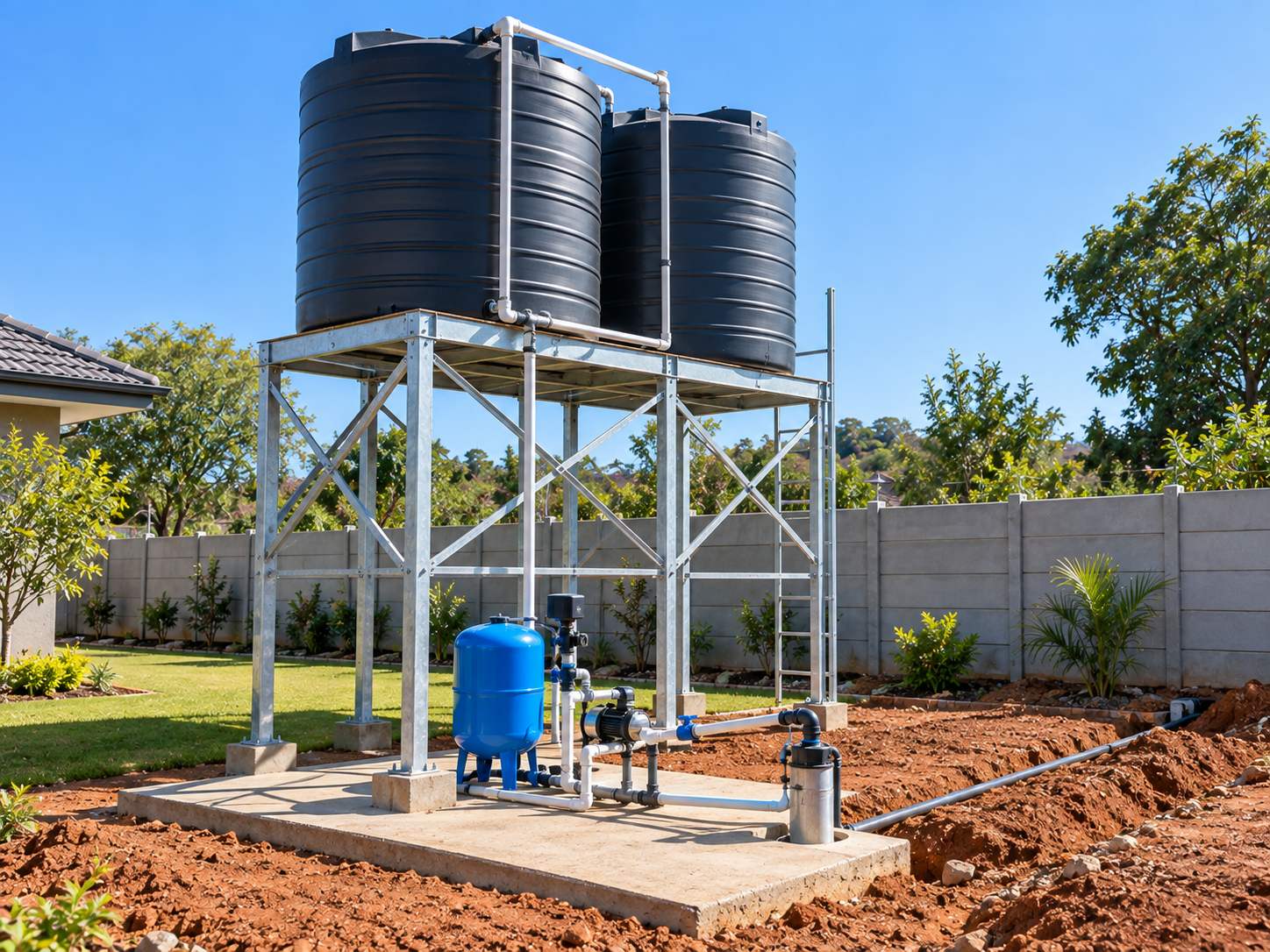 Water tanks on a steel stand beside a newly equipped borehole head